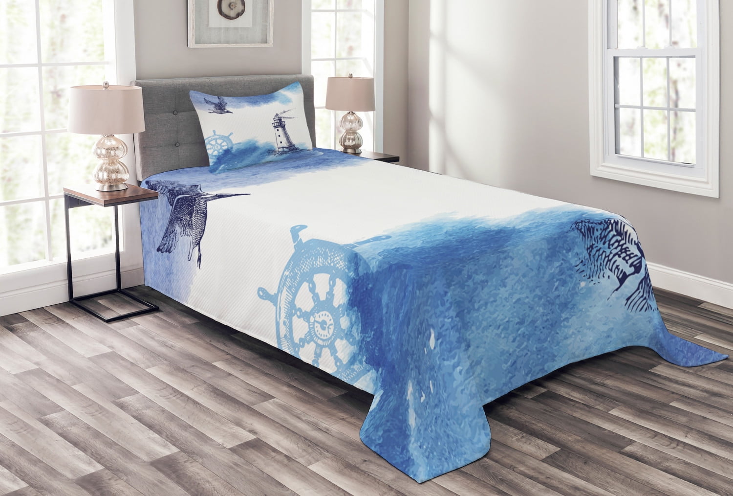 Lighthouse Bedspread Set Twin Size, Nostalgic Watercolors with Gull