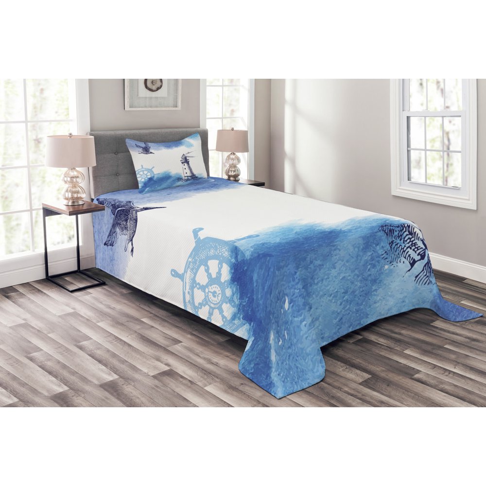 Lighthouse Bedspread Set Twin Size, Nostalgic Watercolors with Gull Ancient Anchor Lighthouse