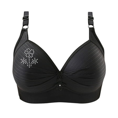 Audhol Bras for Older Women Bras for Women No Underwire Adjustable Bras Full Coverage Support Bralette Plus Size Everyday Bra Rhinestone Bra Black 3XL