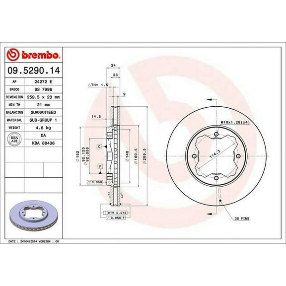Brembo 09.5290.14 BRAKE ROTORS Fits select: 1996 HONDA ACCORD LX/EX, 1995 HONDA ACCORD EX-R