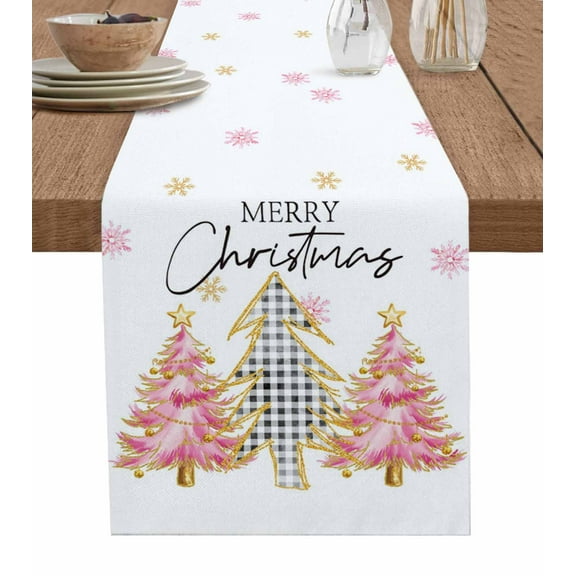 Table Runners 108 Inches Long Dress Scarves, Pink Christmas Tree Farmhouse Coffee/Dining/Kitchen Table Runner for Living Room, Xmas Winter Snowflakes White 13x108 Inch