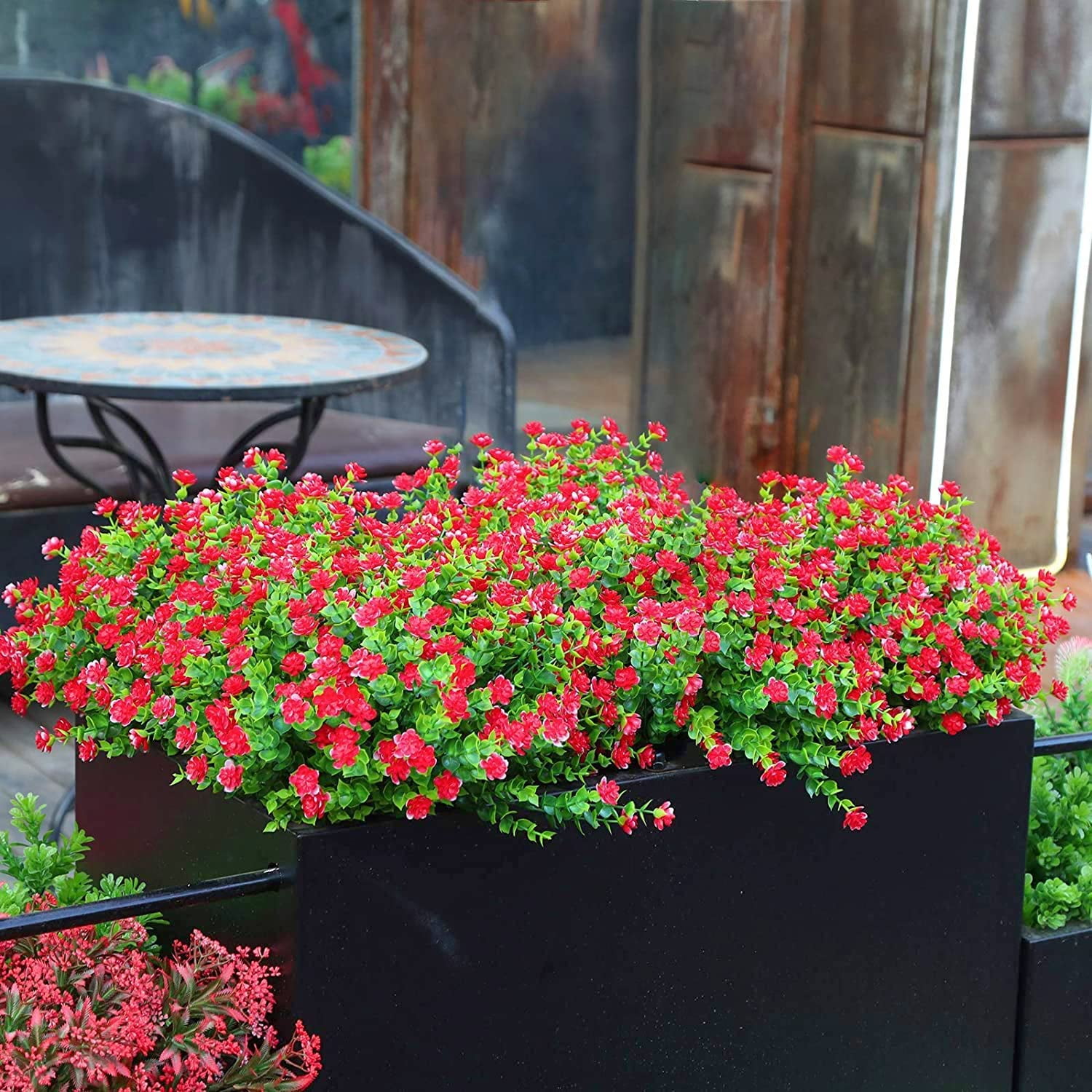 Artificial Plants Outdoor, UV Resistant Faux Outdoor Plastic Greenery Shrubs Plants Hanging Planter Indoor Outside for Porch Home Wedding Garden Decor (Red)