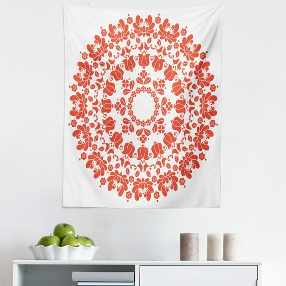 Mandala Tapestry, Hungarian Round Folk Art Pattern Tulips Traditional Kalocsai Old Fashioned, Fabric Wall Hanging Decor for Bedroom Living Room Dorm, 5 Sizes, White Red, by Ambesonne