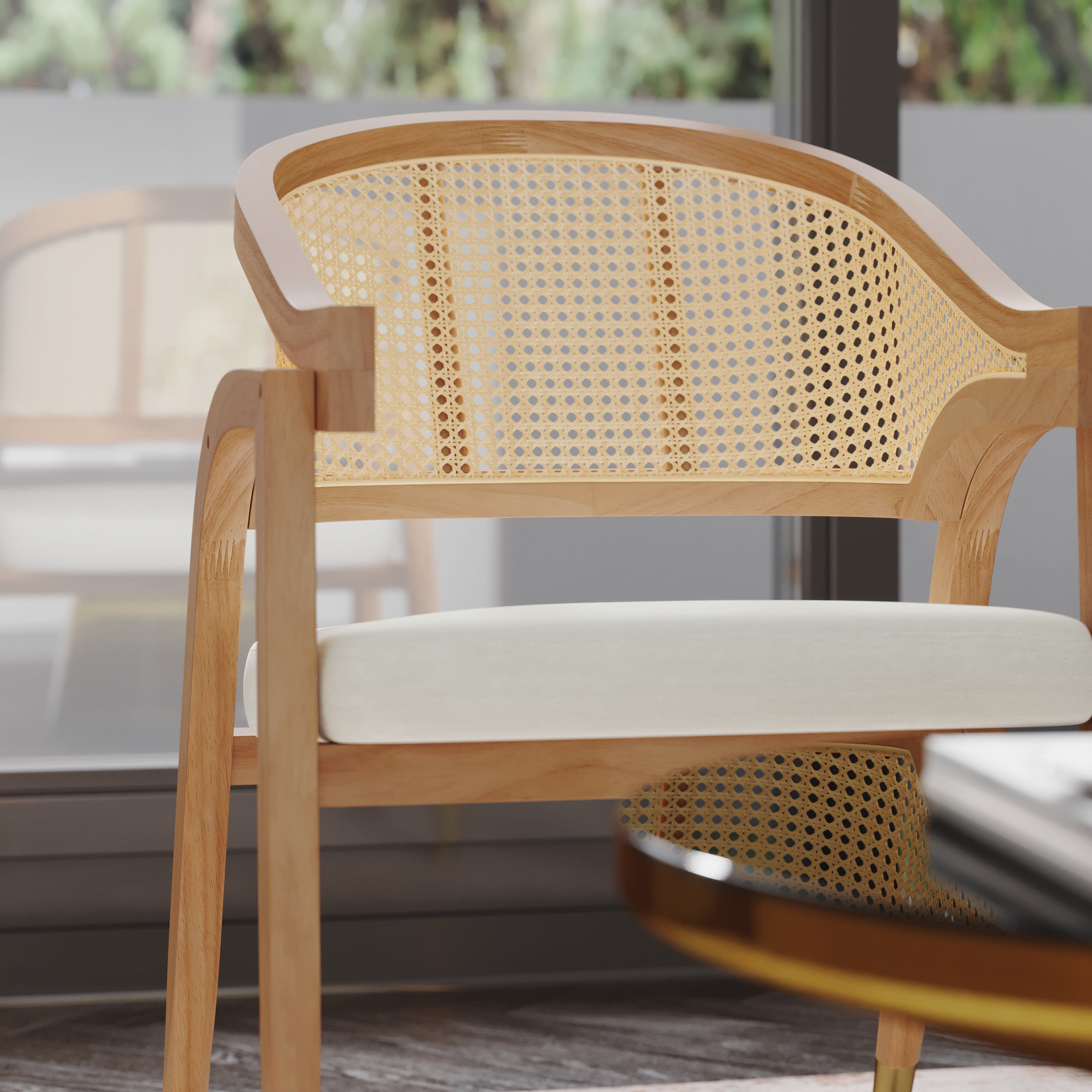 Emma + Oliver Cane Rattan Dining or Accent Chair with Natural Solid Wood Frame, Woven Backrest and Beige Cushioned Seat