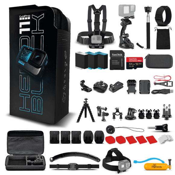 GoPro HERO11 (HERO 11) - Action Camera + 64GB Card, 50 Piece DiGiNerds Accessory Kit and 2 Batteries