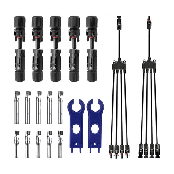 Labymos 5 Pairs Male/Female Solar Panel Cable Connectors with 1 to 4 Branch Y Type Branch Connector Spanner Assembly Tool for PV System IP67 Waterproof DIY Cable Accessories Tool