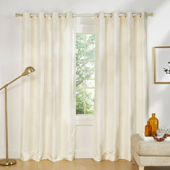 Exclusive Home Akola Medallion Linen Jacquard Grommet Top Curtain Panel Pair, 54"x96", Ivory