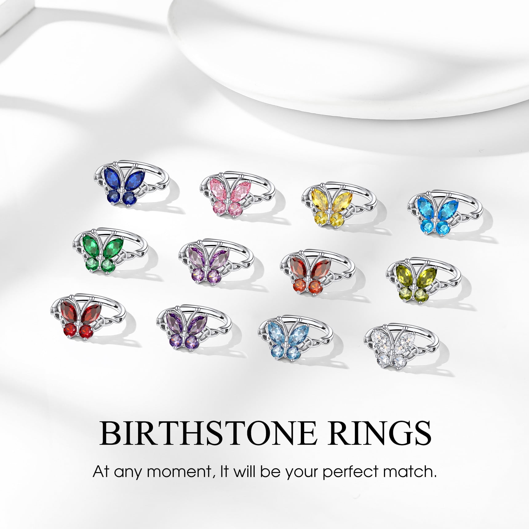 Bestyle Pure S925 Sterling Silver Butterfly Rings, July Ruby Birthstone Adjustable Open Band Ring Jewelry Gift Birthday Mother's Day Christmas