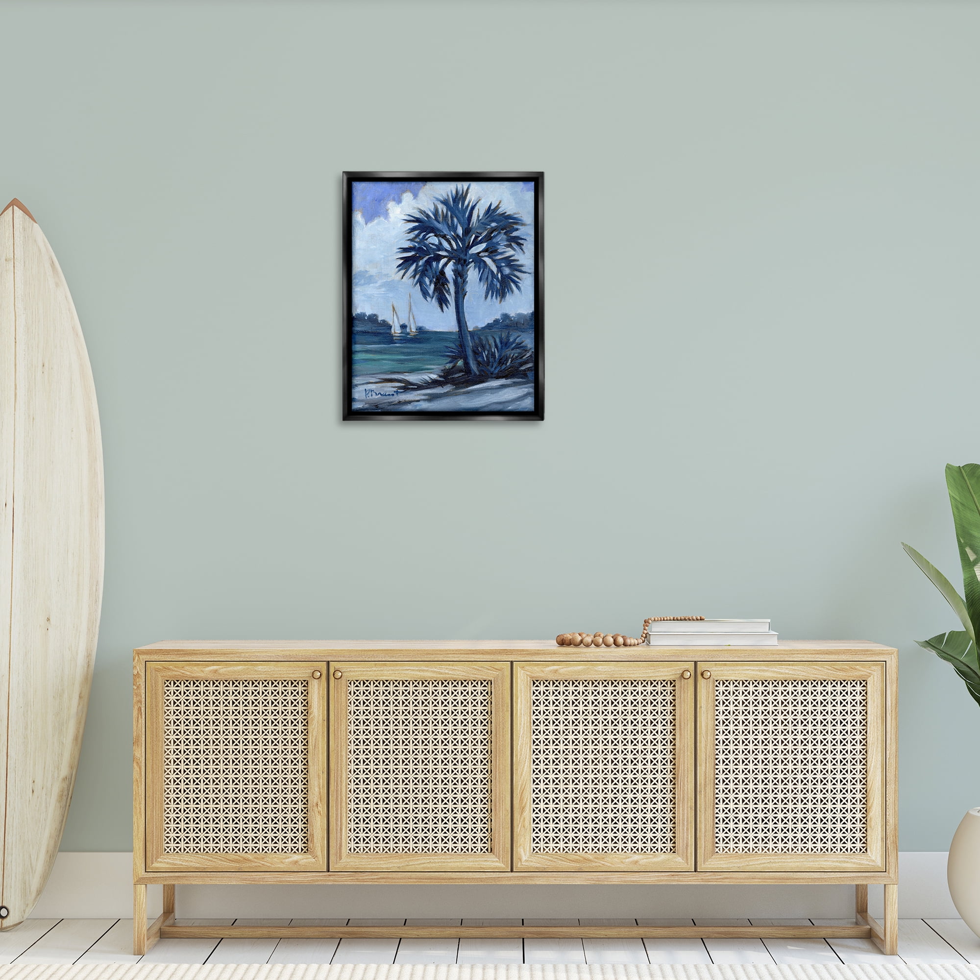 Stupell Industries Blue Palm Impressions Landscape & Nature Painting Black Floater Framed Canvas Art Print Wall Art, 25 x 31
