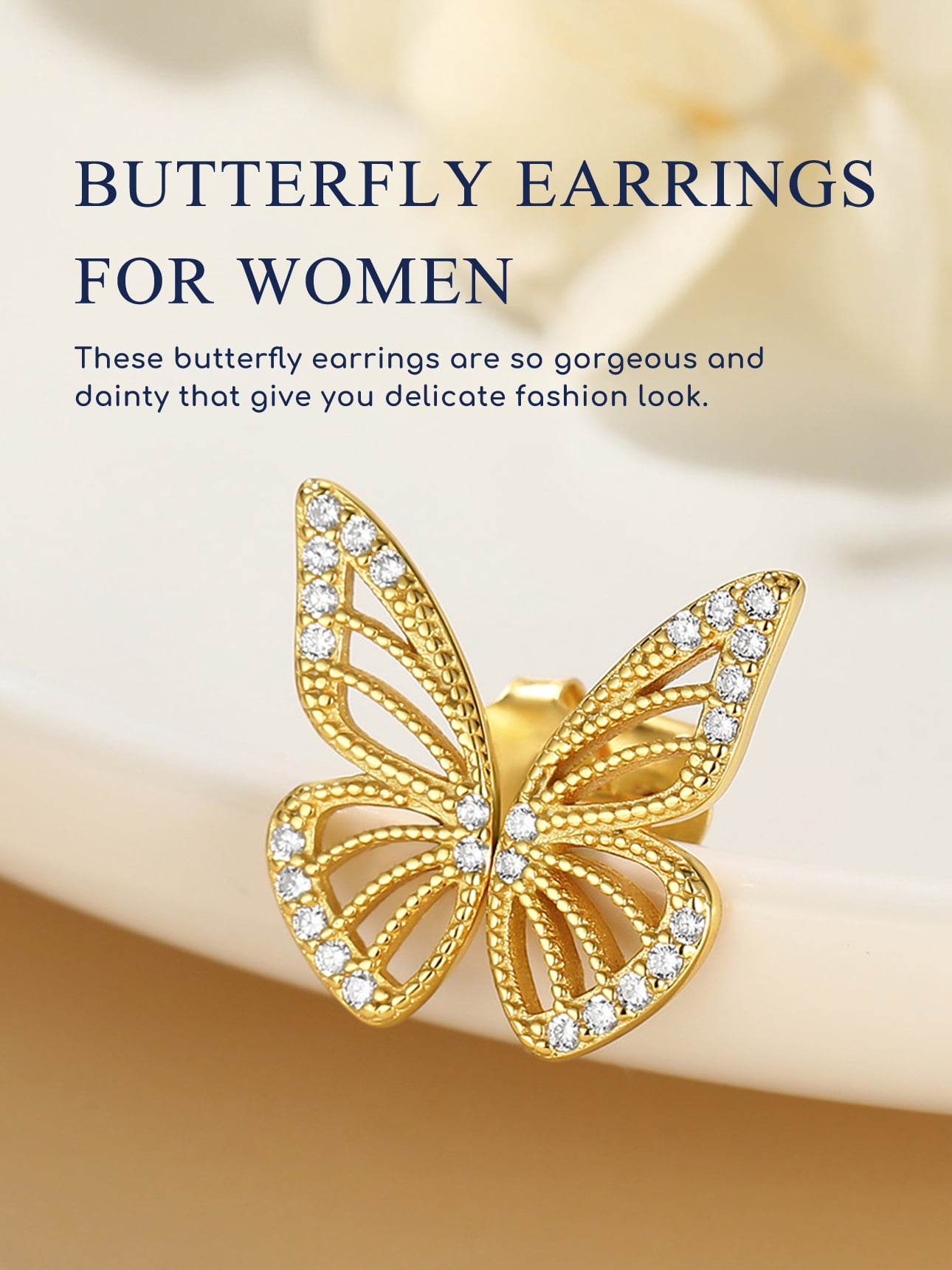 Suplight 925 Sterling Silver Zircon Edge Half Butterfly Stud Earrings, Dainty Butterfly Earrings for Women