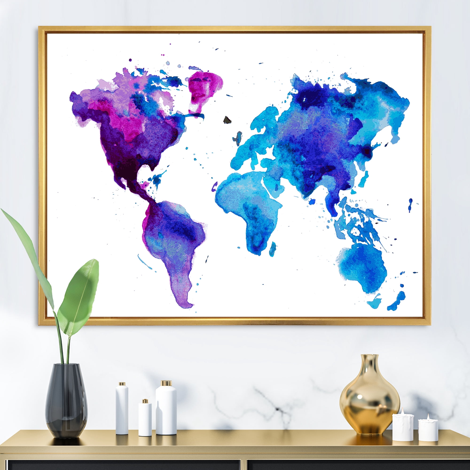 Designart 'Blue and Purple Map Of The World' Modern Framed Canvas Wall Art Print