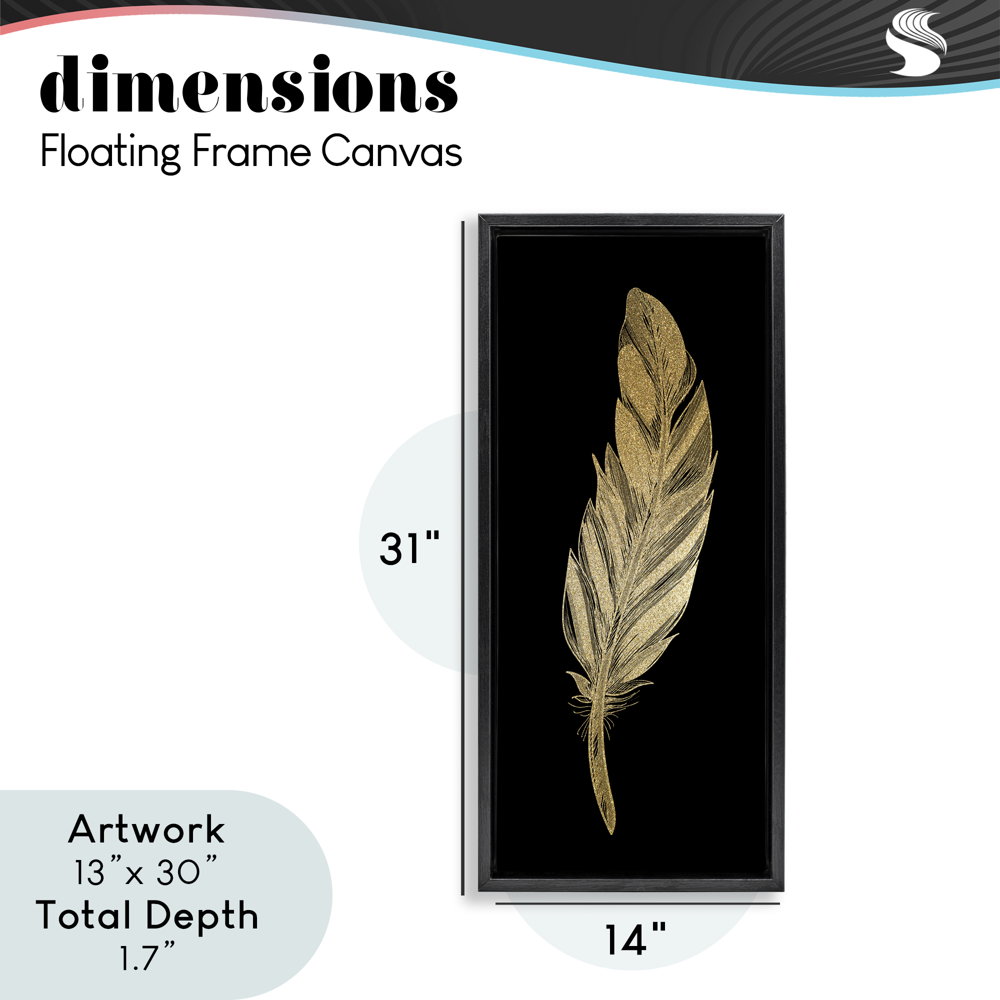 Glam Feather Black & Gold Black Framed Floater Canvas Wall Art, design by Kim Allen