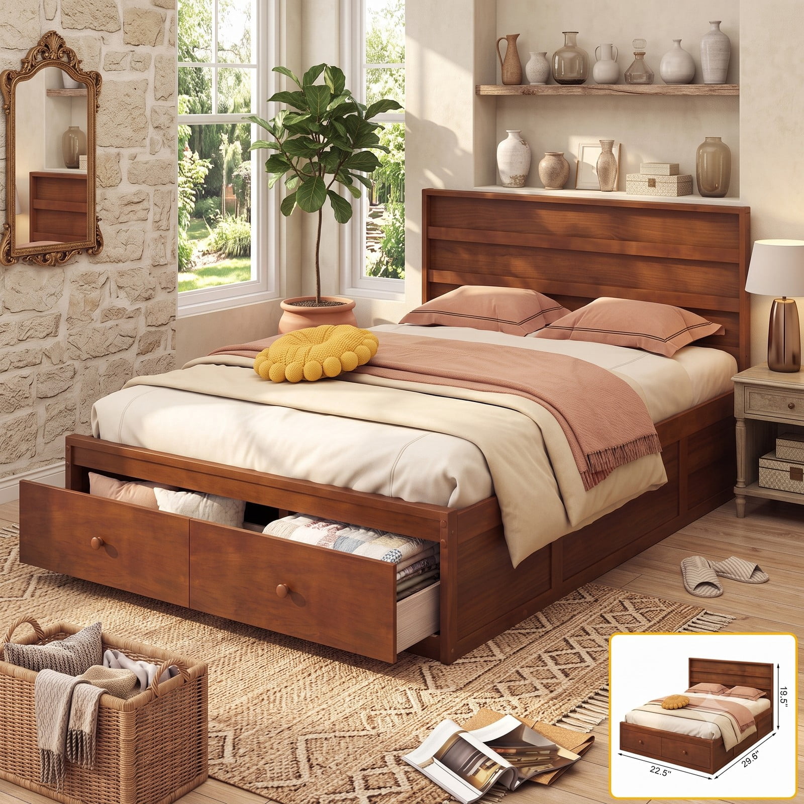 Furnibear Full Size Bed Frame with Storage, Wooden Platform Bed with Plank Headboard and 2 Storage Drawers, Walnut
