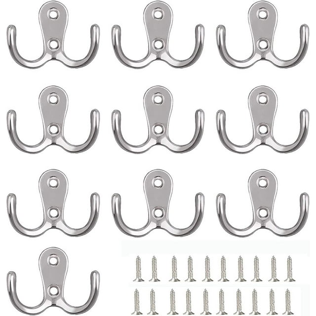 Juego de 10 percheros dobles para colgar en la pared, ganchos dobles de metal y ganchos de almacenamiento con tornillos para estantes, cajones, baño, dormitorio, gancho y decoración, color plateado