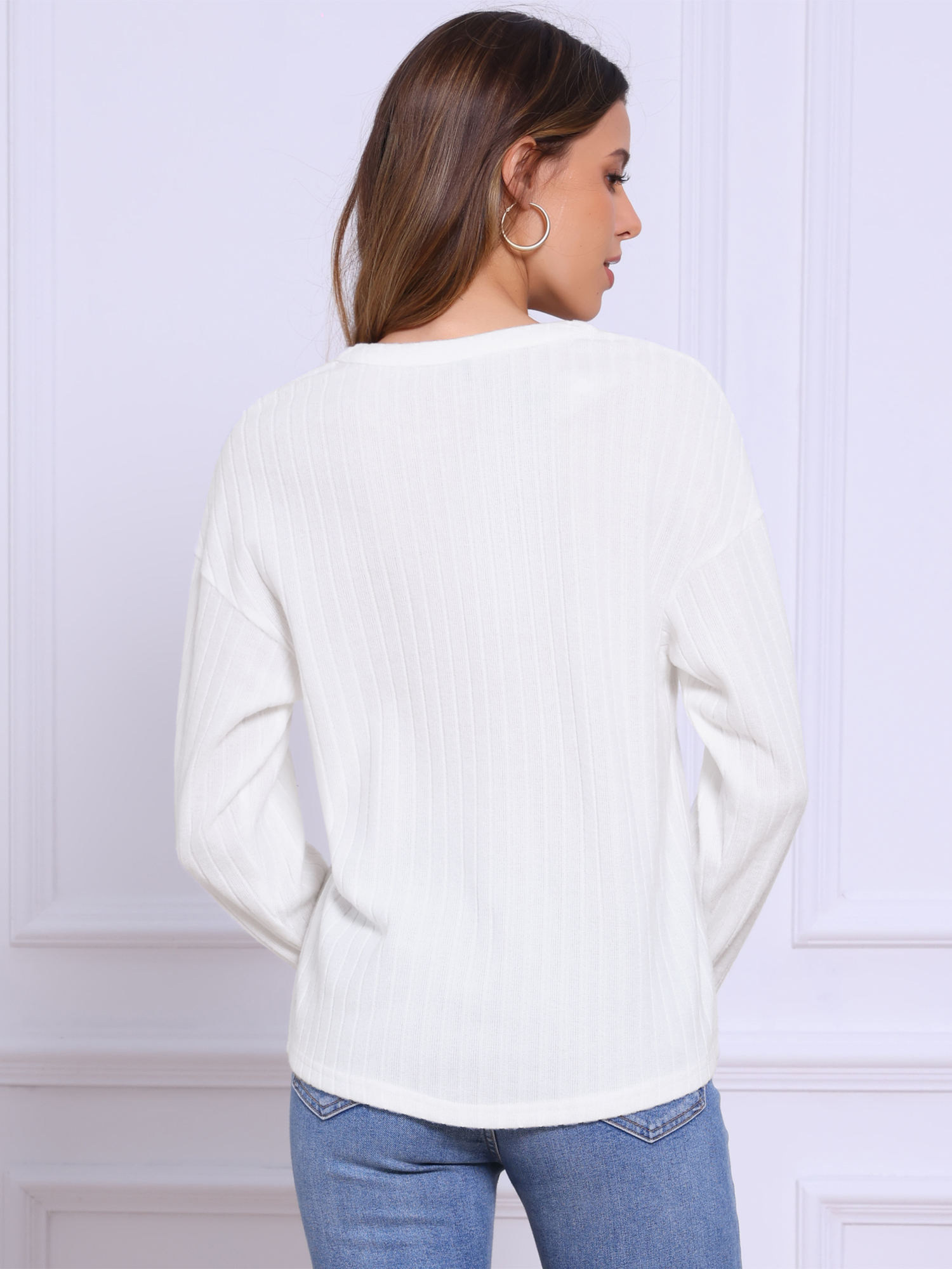 DARING DIVA Women's V Neck Long Sleeve Loose Casual Knit Top S White