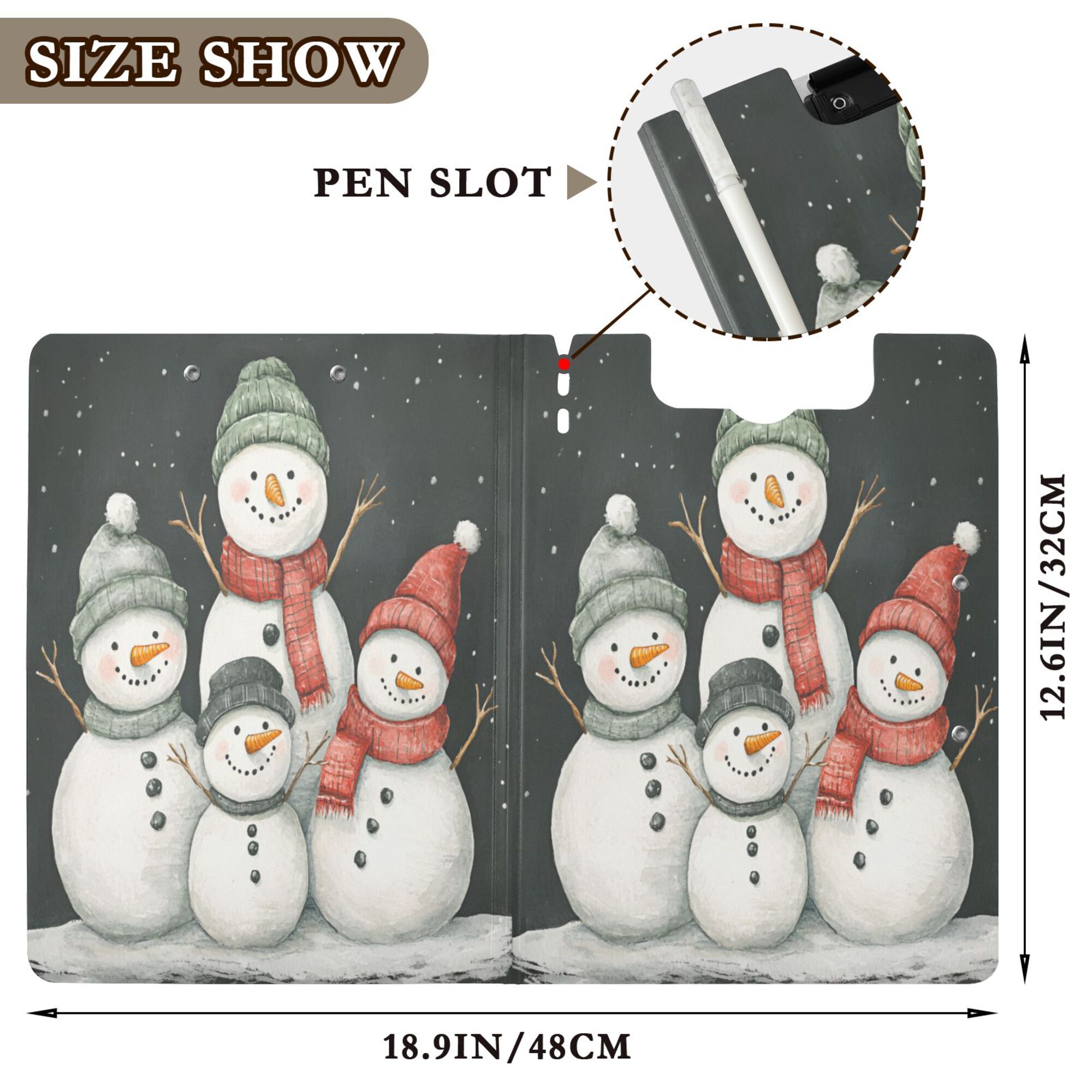 FORMRS A4 Clipboard Folder with Pen Holder Horizontal Foldable School Office Binder, Snowman Family