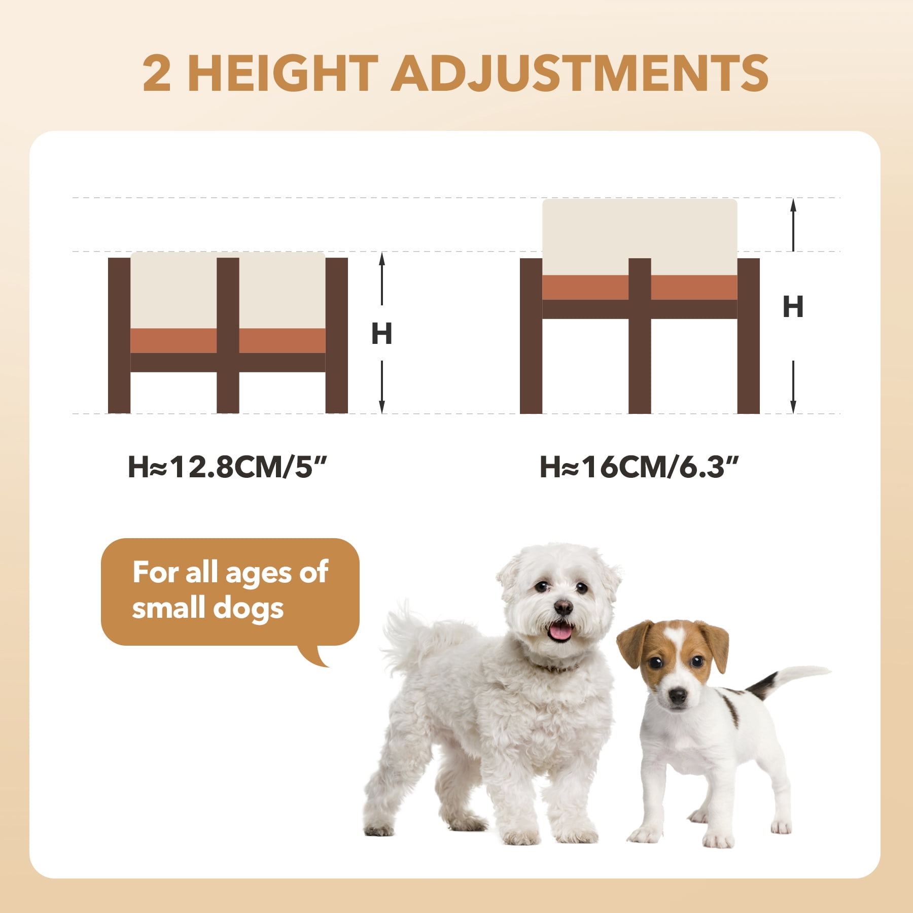 LarqeeWare Ceramic Raised Double Dog Bowls Set with Acacia Wood Stand, 2 Heights Elevated, Food & Water Bowls for Small Dogs 6.1inch (28.2oz, Vanilla White)
