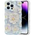 thumbnail image 1 of FANZC-Case for iPhone 16 Pro Max, Colorful Retro Oil Painting Flower Laser Glossy Pattern Cute Curly Wave Edge Exquisite Phone Cover Stylish Durable TPU Protective Case for Girl Women - Light Blue, 1 of 4