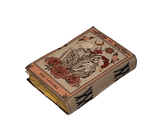 Handmade Leather Tarot Journal – 5x7 Inch Vintage Notebook with “The Lovers” Design, 200 Handmade Paper Pages, Antique Clasp