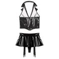 thumbnail image 4 of Doomiva Women's Sexy Wet Look Leather Lingerie Outfits Halter Lapel Crop Vest Top with Miniskirts Black 3XL, 4 of 6