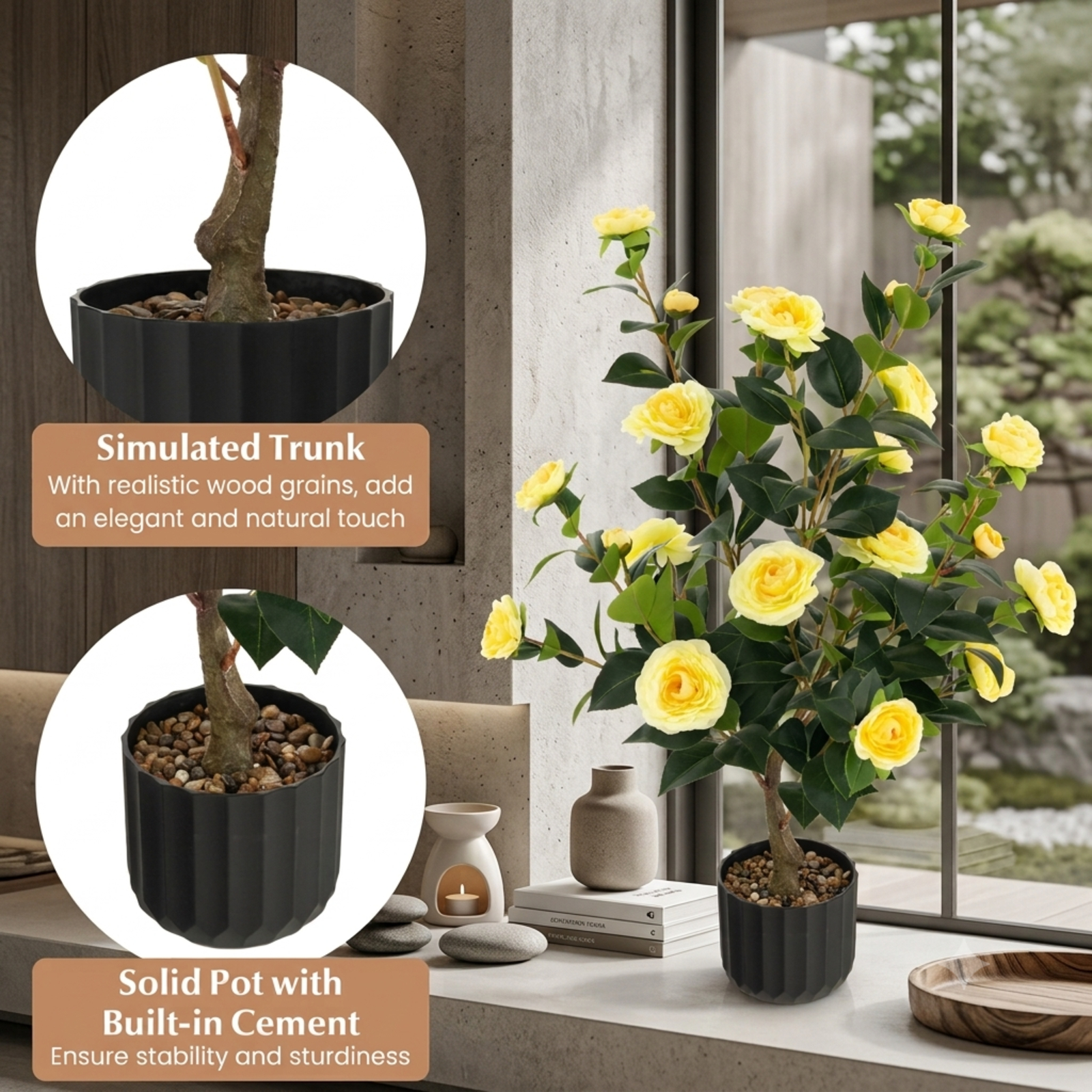 Vebreda Artificial Plant Decor, 38 Inch Artificial Camellia Tree Faux Flower Plant in Cement Pot, Gorgeous and Vivid Appearance