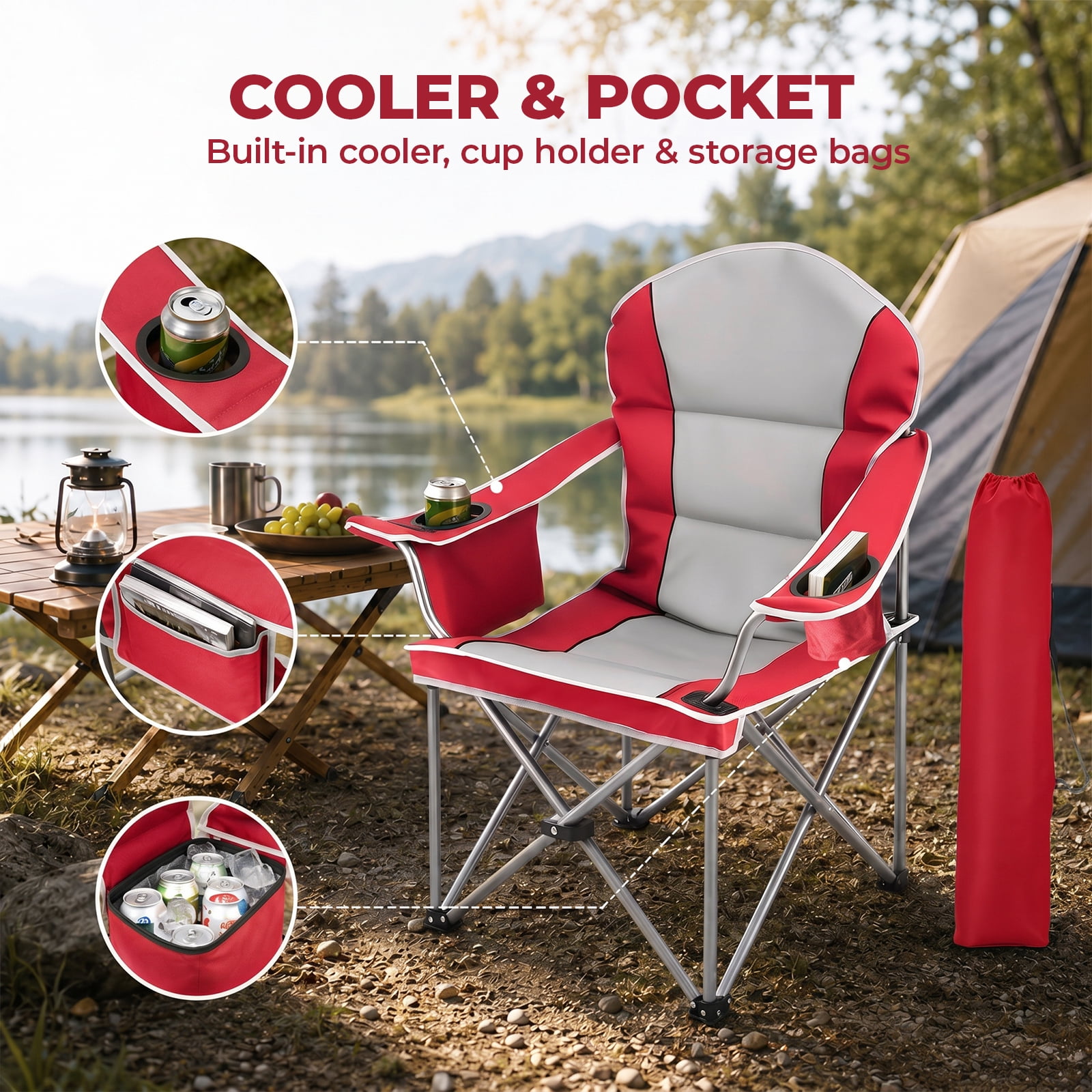Alvantor Oversized Folding Camping Chair, Heavy Duty Outdoor Chair with Cup Holder Storage and Cooler Bag, 500 LBS, Portable for Outdoor Beach Picnic