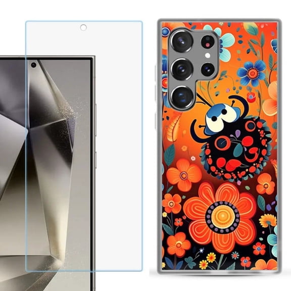 OneToughShield ® Compatible with Samsung Galaxy S24 Ultra, Shockproof Phone Case, with Tempered Glass Screen Protector - Ladybug Flower
