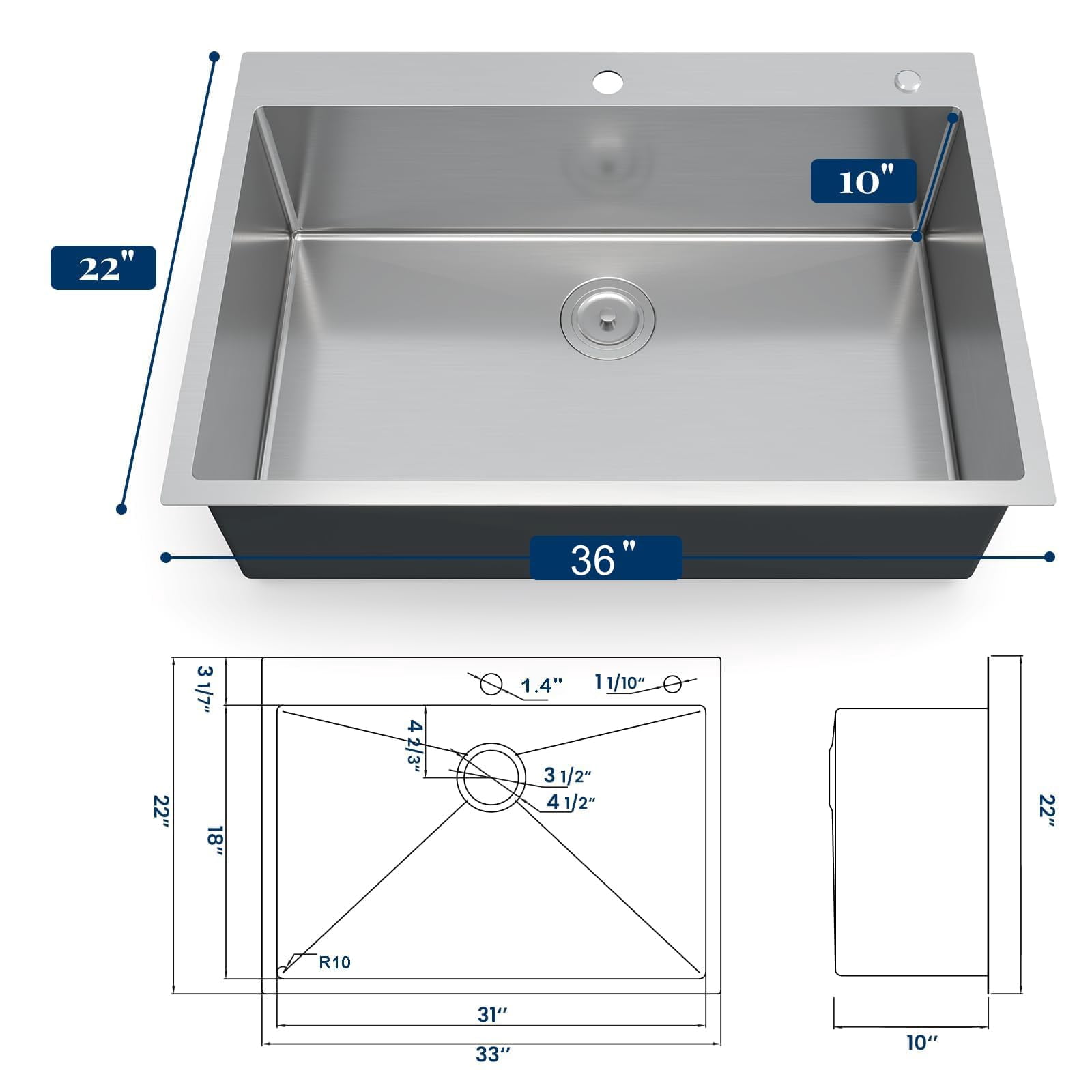 36 x 22 Inch Drop-In Kitchen Sink, T304 Stainless Steel Single Bowl Top Mount, 10" Deep Flush Rim, Brushed Finish, Bottom Grid and Drain Included