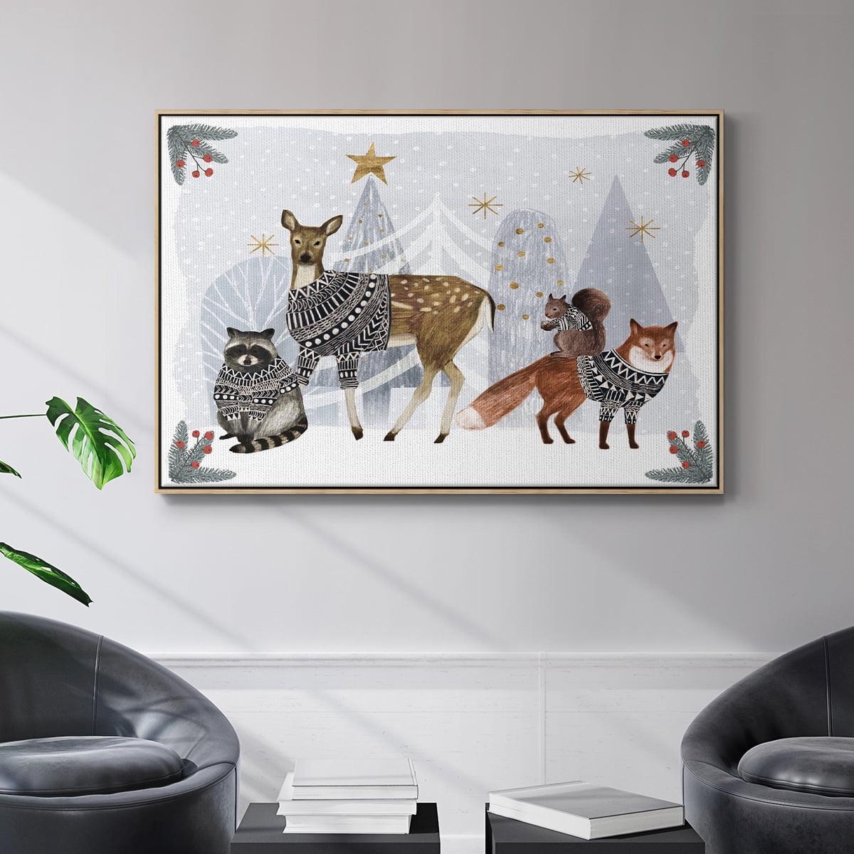 Cozy Christmas Collection A - Framed Gallery Wrapped Holiday Canvas - 27 x 41 - Natural Wood Frame