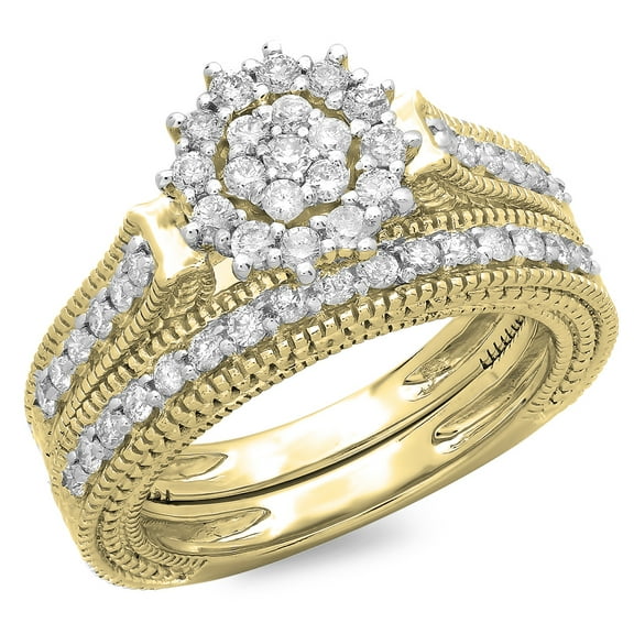 Dazzlingrock Collection 0.85 Carat (ctw) 14K Round Cut Diamond Vintage Bridal Cluster Engagement Ring Set, Yellow Gold, Size 9
