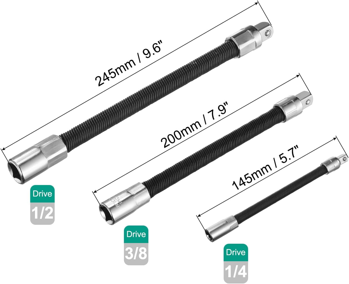 Flexible Shaft Extension & Socket Extension Bar Set, Spring Steel, Chrome Plated, Universal Joint, for Tight Spaces, 3-Piece (1/4", 3/8", 1/2")