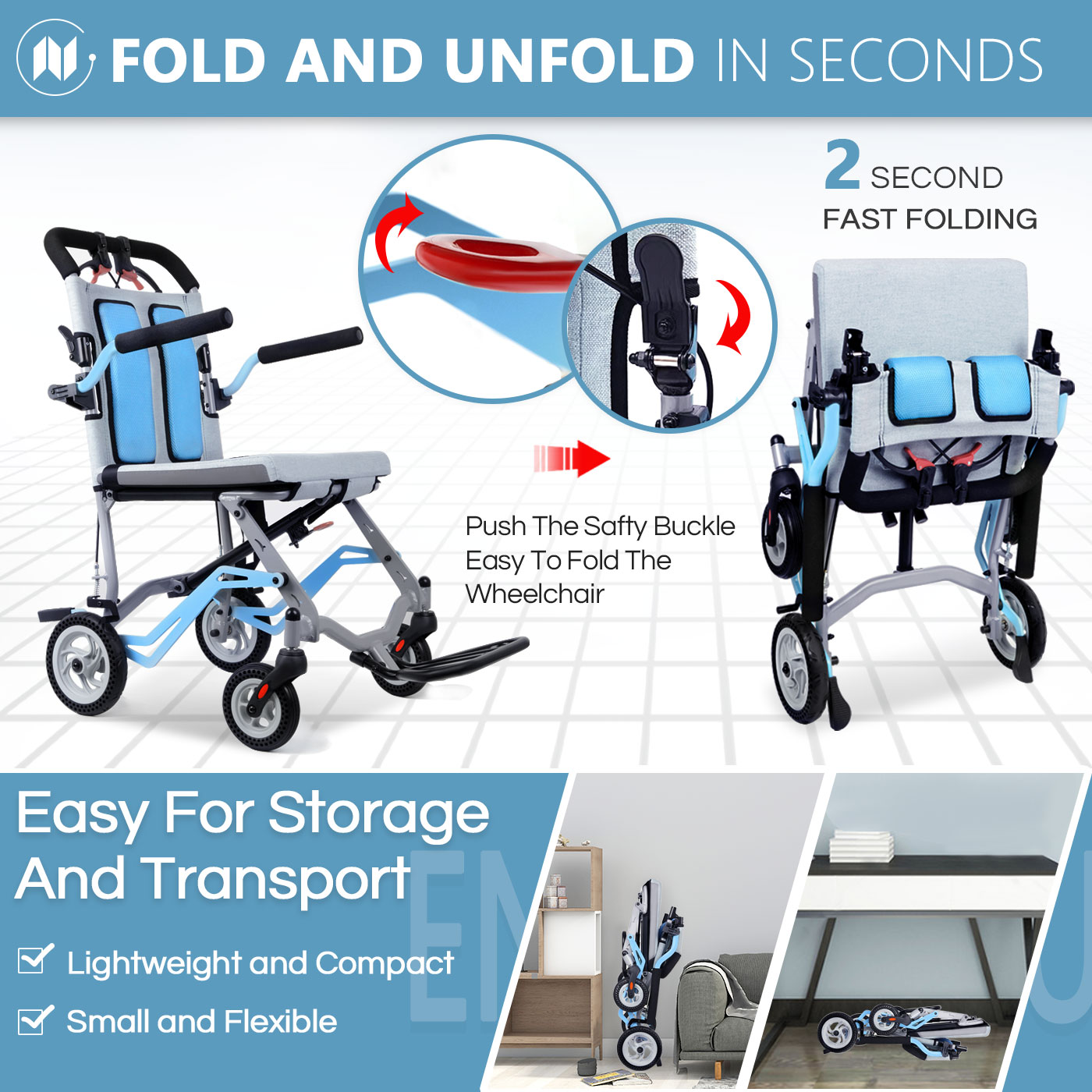 EazinGo Folding Portable Lightweight Travel Transport Wheelchair ...