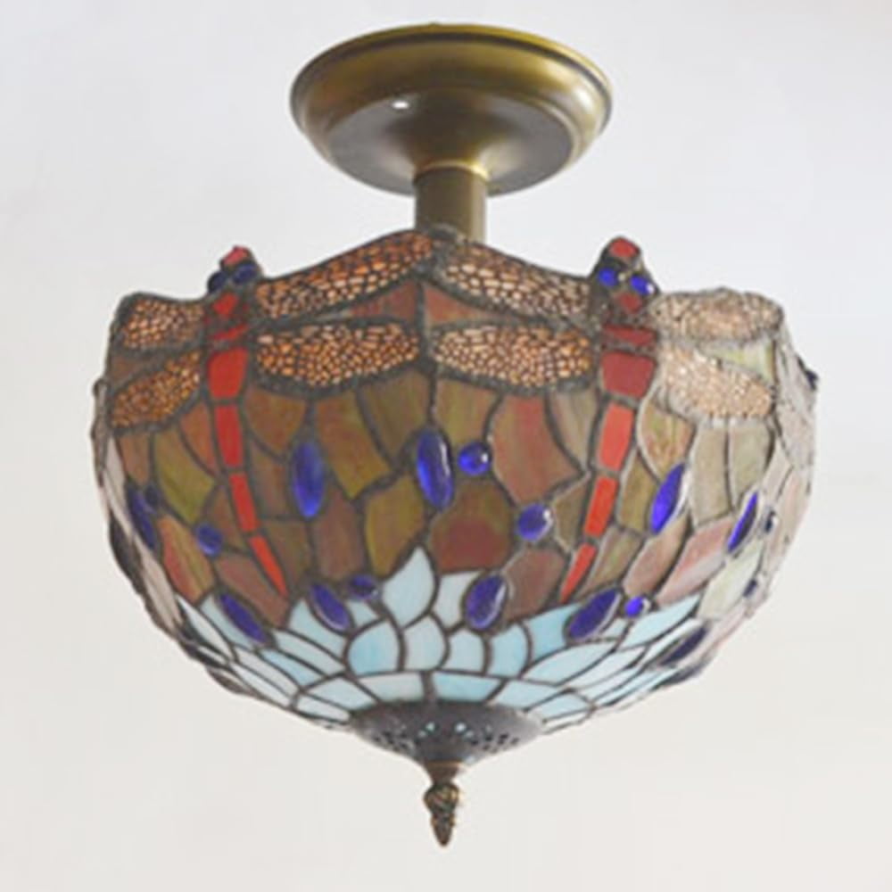 Kiven 11.8in Plug-in Flush Mount Ceiling Light Fixture, 2-Light Anti Glare Close to Ceiling Light with 15FT Cord, Tiffany-Style Glass Chandelier Dimmable for Bedroom Kitchen Hallway(No.3181)