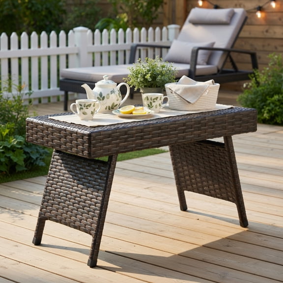 Resenkos Indoor Outdoor Small PE Rattan Square Side/End Table with Slatted Tabletop , Patio Coffee Bistro Table, Brown