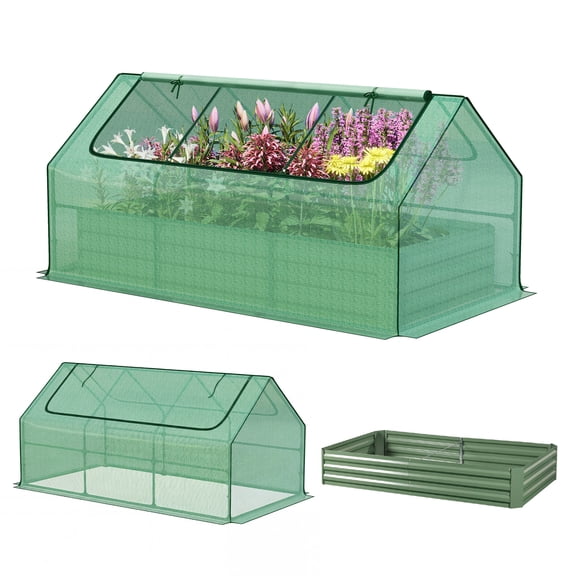 Aoodor 6x3x3 ft Raised Garden Metal Bed Mini Greenhouse Kit with 2 Roll-up Zipper Doors, for Vegetables Herbs and Flowers