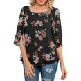 thumbnail image 2 of Wangmeiwg Womens Casual Floral printed O-Neck Loose 3/4 Sleeve Chiffon Blouse Tops Swim Tops, 2 of 7