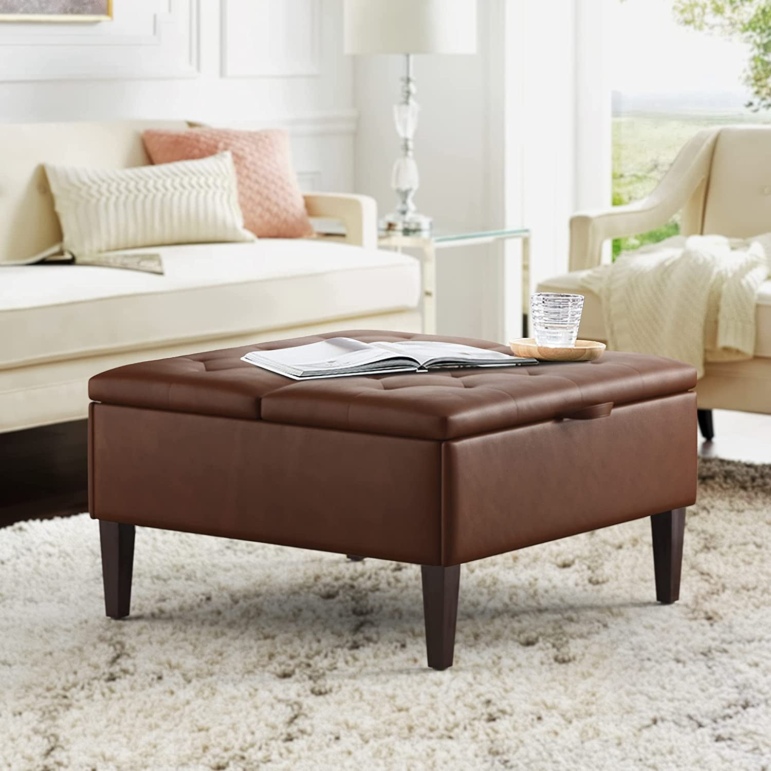Storage Ottoman Lift Top Coffee Table, 32" Square Upholstered Tufted