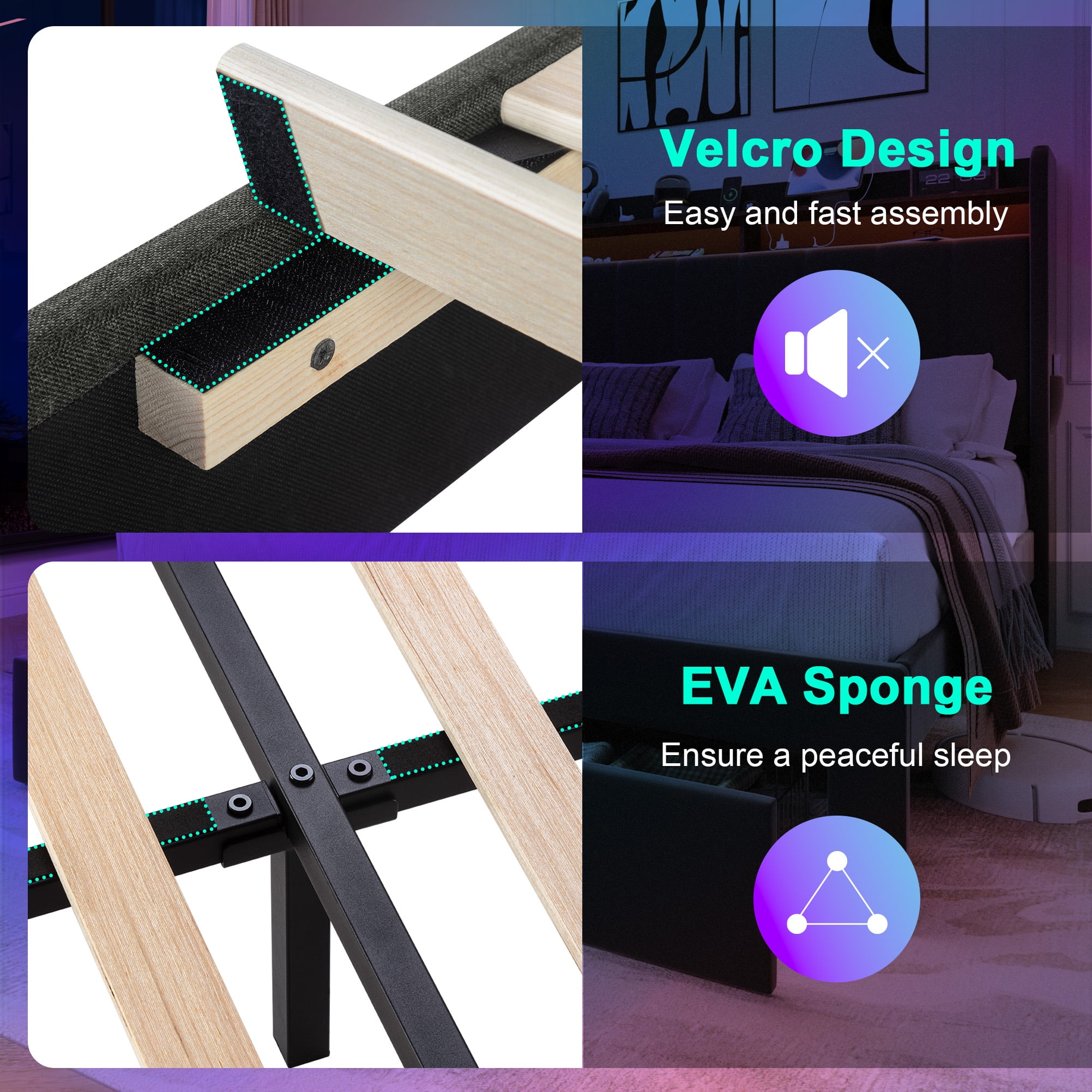 Amolife Full Size Platform Bed Frame with 2-Tier LED Storage Fabric Wingback Headboard & 2 Storage Drawers, USB & Type-C Charging Ports, Dark Grey