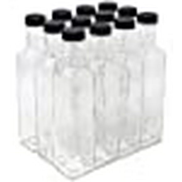 nicebottles - Clear Glass Quadra Bottles, 250ml, Black Caps (8.5 Fl Oz) - Case of 12