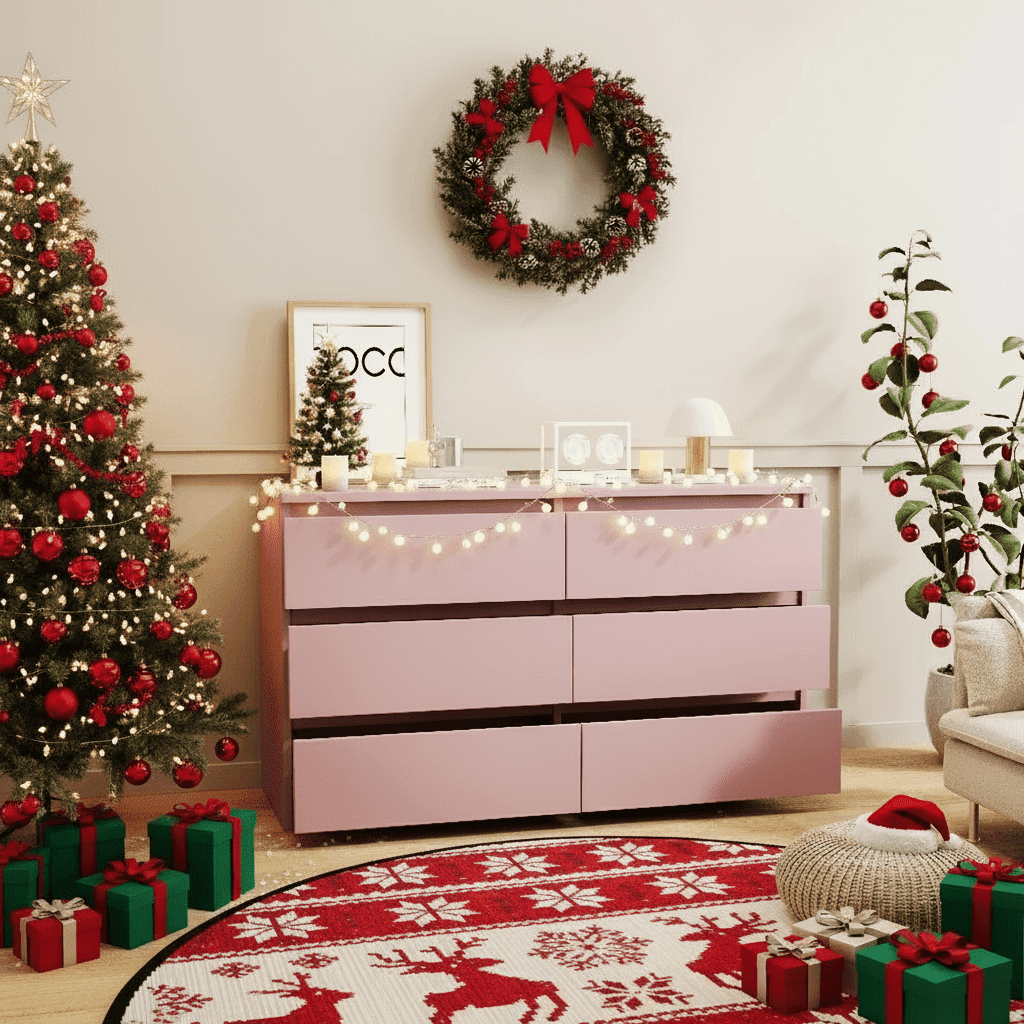 Barara King 6 Drawer Double Dresser, Chest of Drawers for Bedroom Tall Dresser Storage for Living Room Hallway (Pink)