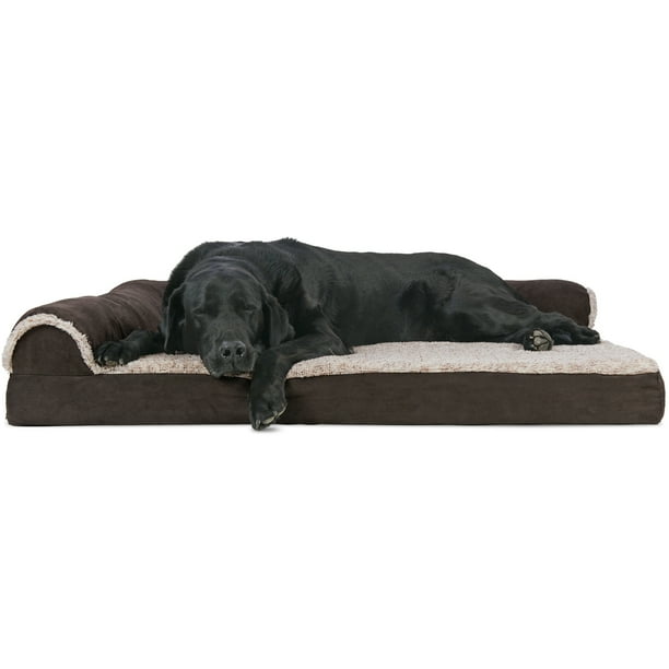 FurHaven Pet Dog Bed | Deluxe Orthopedic Faux Fur & Suede L-Shaped Chaise Couch Pet Bed for Dogs