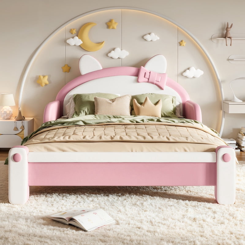 Full Size Kids Platform Bed with Cartoon Cat-Shaped Headboard, Upholstered PU Leather Princess Bed, Low Profile Child Bed Frame