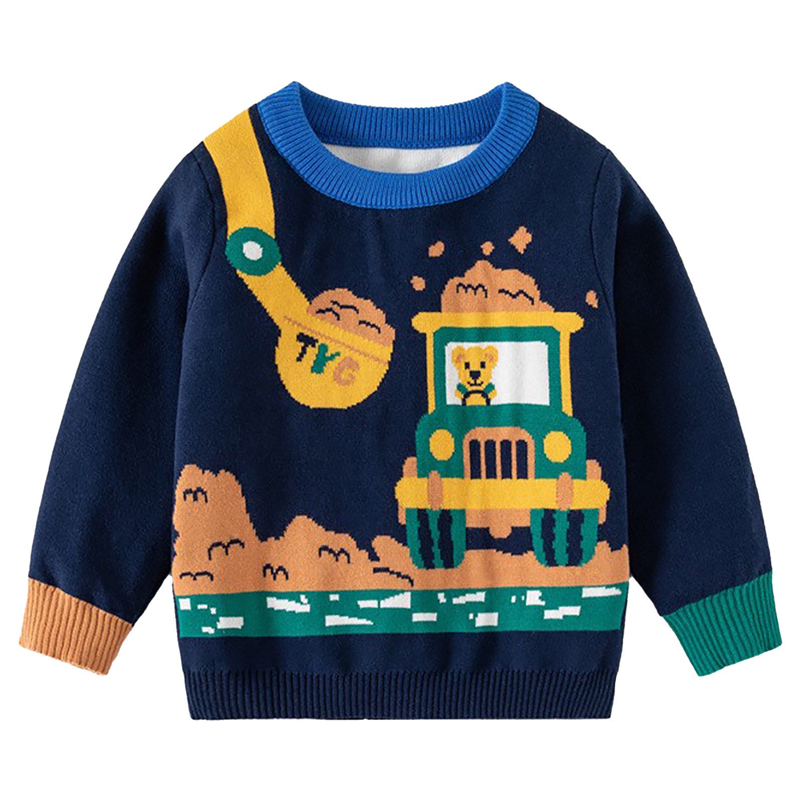 Zwiiyzr 1-8Y Toddler Baby Girls Boys Sweater Cute Cartoon Print Fall Winter Clothes Long Sleeve Crew Neck Knitted Pullover Tops Navy