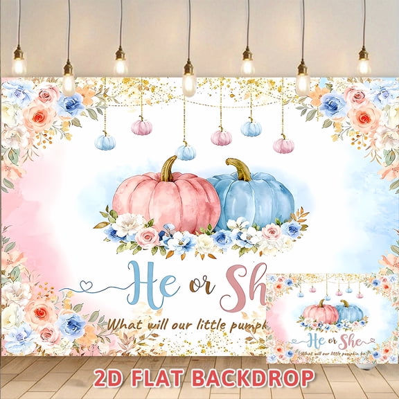He or She Gender Reveal Backdrop, Pink Blue Pumpkin Floral Photography Background, Suitable for Gender Reveal Party Decoration, Photo Booth Props and Party Banner Supplies