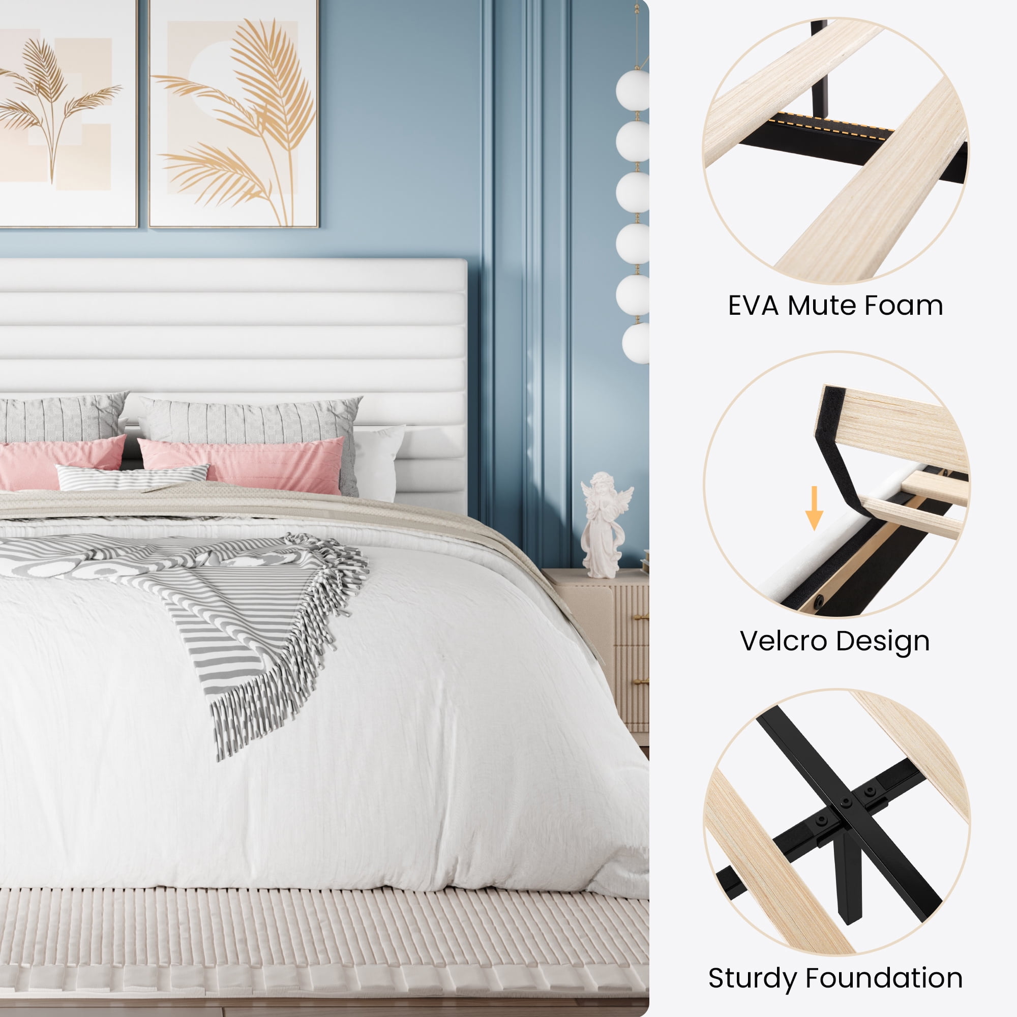 Sha Cerlin Queen Size Platform Bed Frame with Velvet Adjustable Headboard, No Box Spring Needed, White