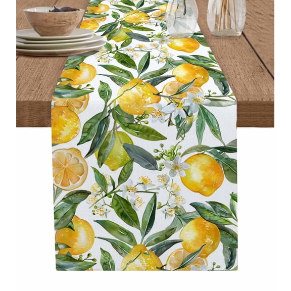 Ldtrchee Summer Lemon Table Runner 72 Inches, Yellow Fruits Spring Botanical Green Bed Runner Dresser Scarves Tabletop for Indoor Outdoor Parties/Ceremony/Banquet, 14" x 72"