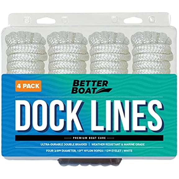 Better Boat Dock Lines Boat Ropes for Docking 3/8" Line 15 feet Braided Nylon Rope White 4 Pk