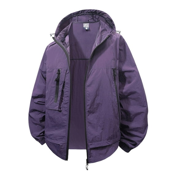 MIXUE Mens Coats And Jackets Autumn Winter Solid Color Hooded Long Sleeve Zip Up Loose Casual Coat Holiday Wear,Purple,L