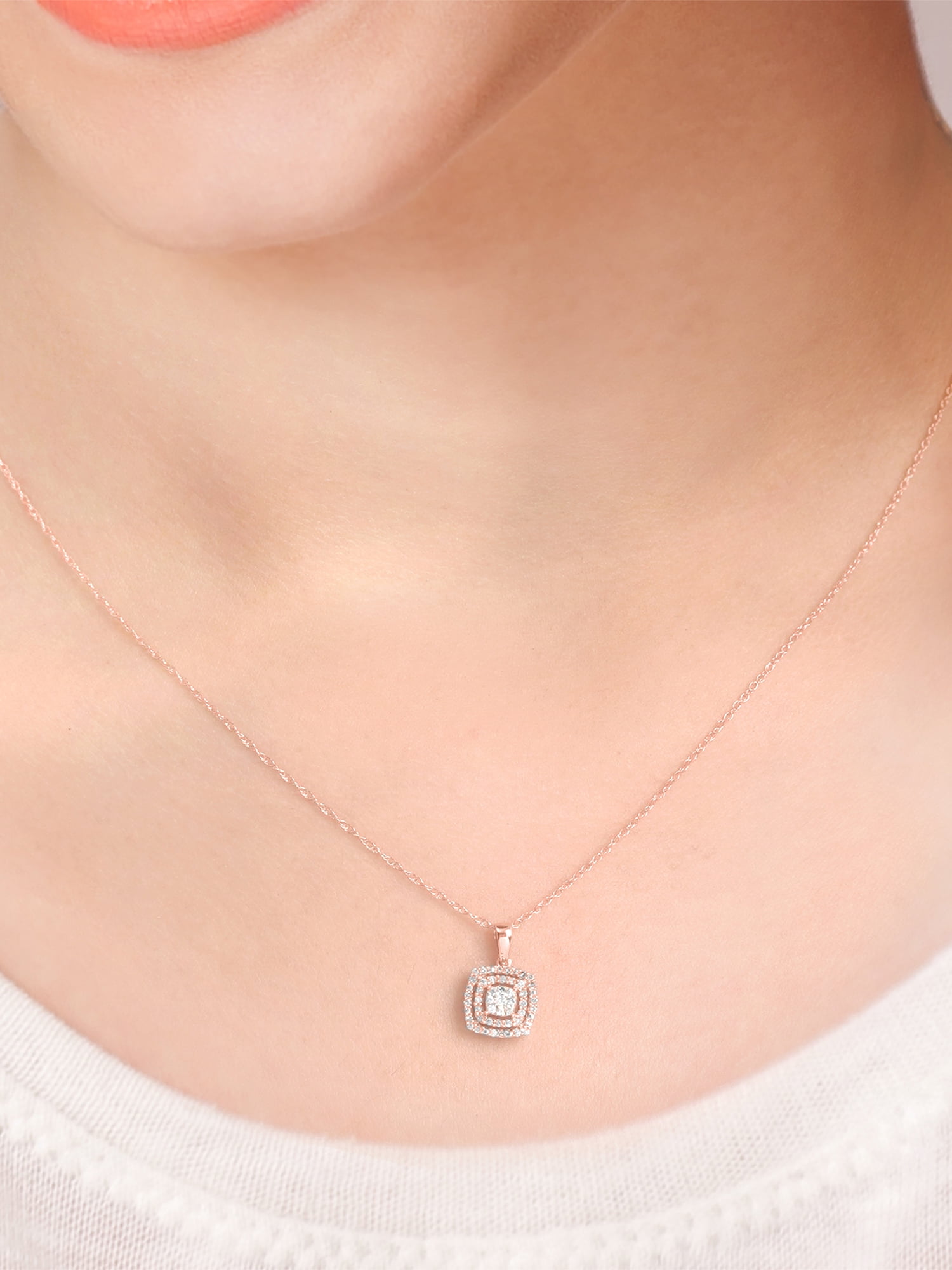 Imperial 1/8Ct TDW Diamond 10K Rose Gold Double Halo Pendant Necklace (I-J, I2)