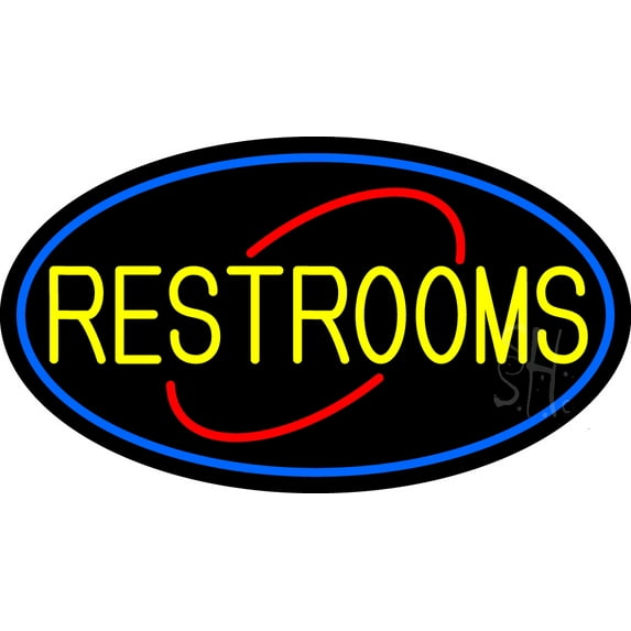 Decorative Restrooms Oval With Blue Border LED Neon Sign 20 x 37 - inches, Clear Edge Cut Acrylic Backing, with Dimmer - Bright and Premium built indoor LED Neon Sign for Bar decor.